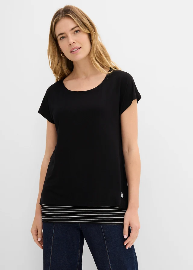 T-shirt long en viscose douce et extensible, Couleur: noir/blanc rayé