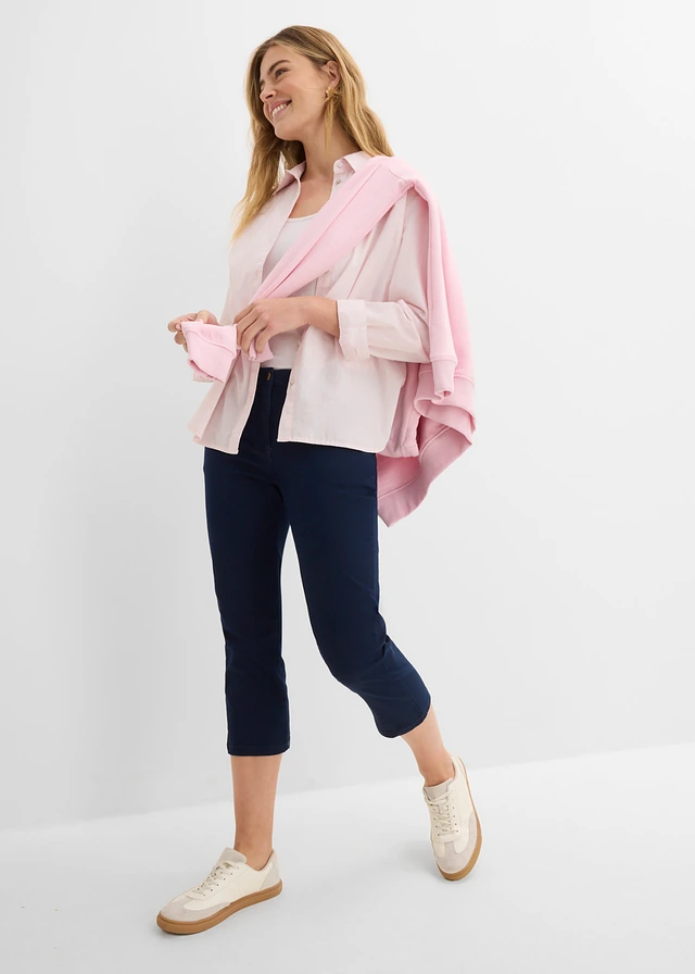 Mid waist jeans met comfortband, straight donkerblauw