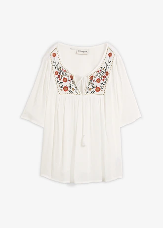 Crinkle tuniek van zachte viscose, Kleur: wolwit gebloemd