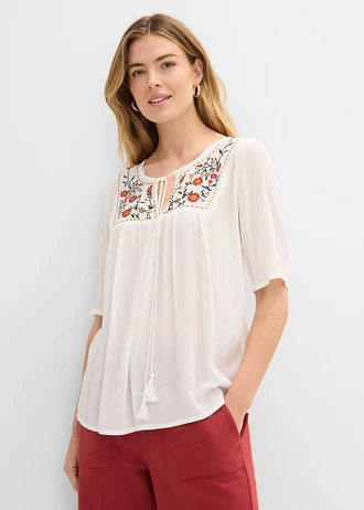 Crinkle tuniek van zachte viscose, Kleur: wolwit gebloemd