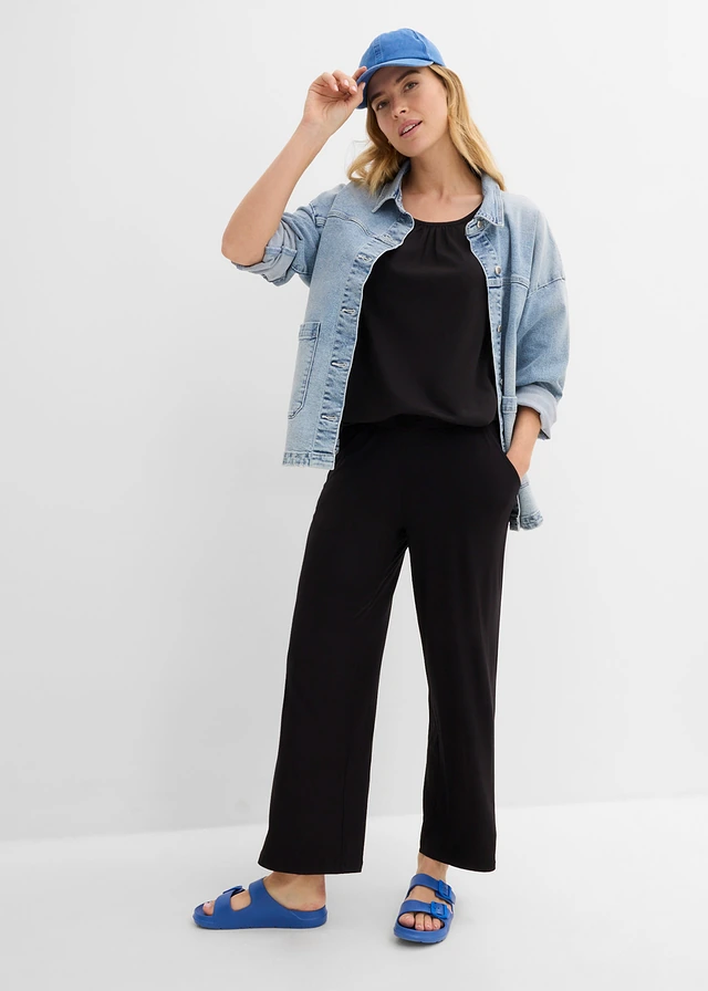 Pantalon fluide en jersey viscose extensible, Couleur: noir