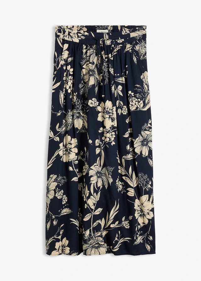 Jupe longue en viscose avec taille élastique et lien à nouer • bleu foncé-beige galet floral • Boutique bonprix