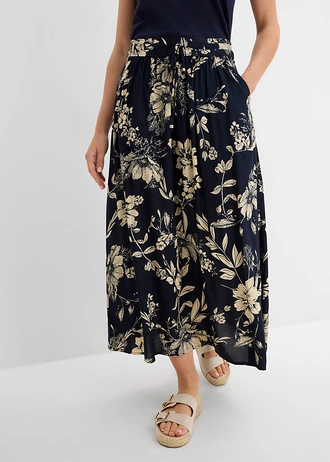 Maxirok van viscose met comfortband en strikkoordjes, Kleur: donkerblauw-kiezelbeige gebloemd