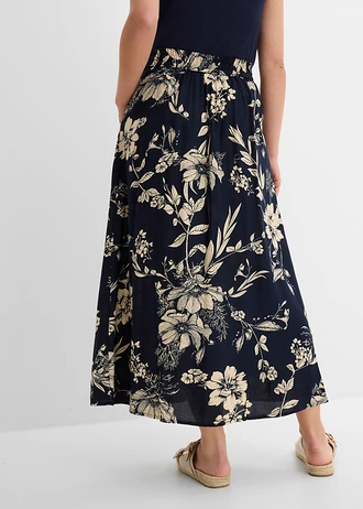 Jupe longue en viscose avec taille élastique et lien à nouer • bleu foncé-beige galet floral • Boutique bonprix