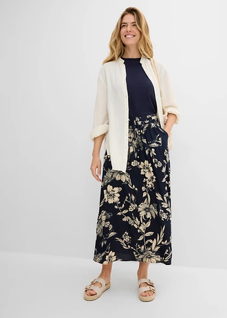 Jupe longue en viscose avec taille élastique et lien à nouer • bleu foncé-beige galet floral • Boutique bonprix
