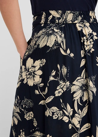 Jupe longue en viscose avec taille élastique et lien à nouer • bleu foncé-beige galet floral • Boutique bonprix