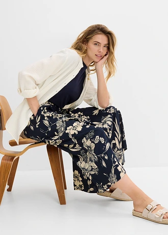 Jupe longue en viscose avec taille élastique et lien à nouer • bleu foncé-beige galet floral • Boutique bonprix