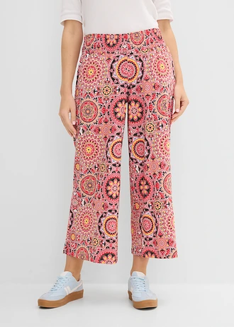 Wijde jersey culotte met brede, gesmokte band, 7/8 lengte, Kleur: avondrood paisley