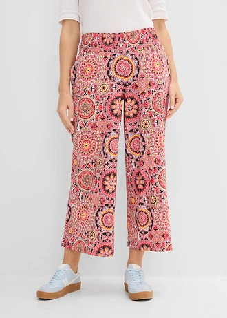 Široké žerzejové kalhoty Culotte se širokým nasmokovaným pasem, 7/8 délka, barva: rudá s kašmírovým vzorem