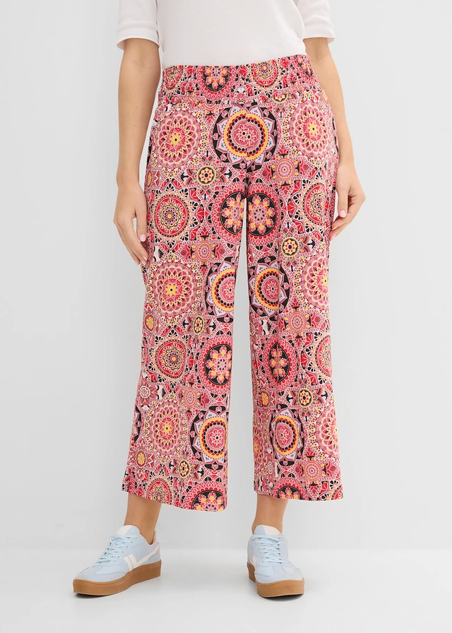 Jupe-culotte large en jersey avec large taille smokée, longueur 7/8, Couleur: rouge foncé paisley