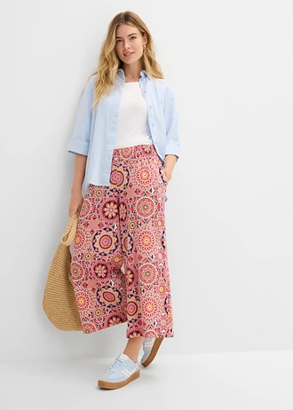 Wijde jersey culotte met brede, gesmokte band, 7/8 lengte, Kleur: avondrood paisley