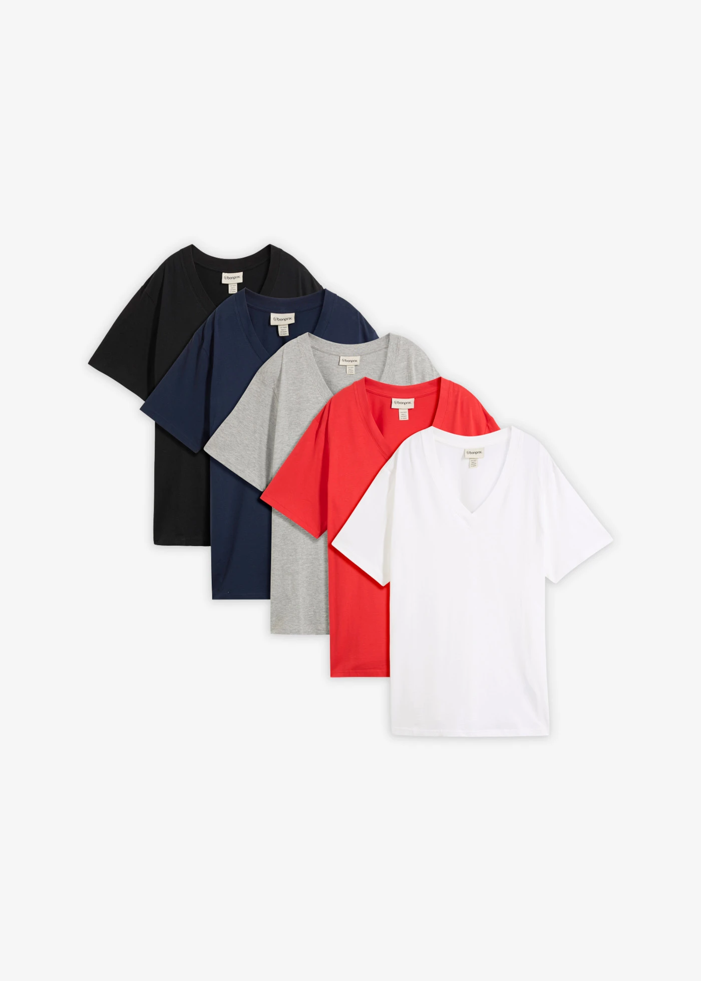 Wijd longshirt met V-hals, korte mouw  (set van 5) • aardbeirood + zwart + wit + lichtgrijs gemêleerd + donkerblauw • bonprix online shop