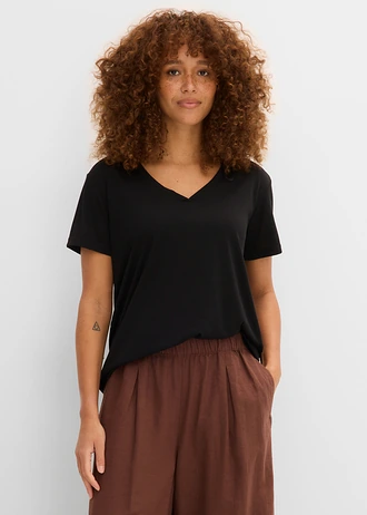 T-shirt met V-hals, Kleur: zwart