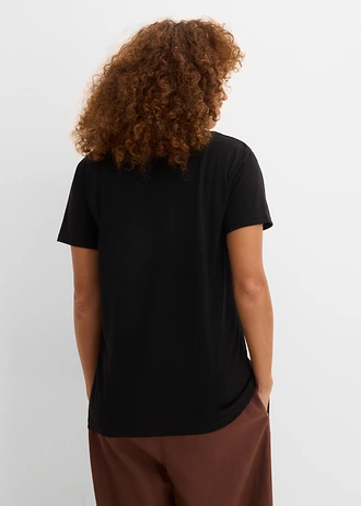 T-shirt long à col en V, Couleur: noir