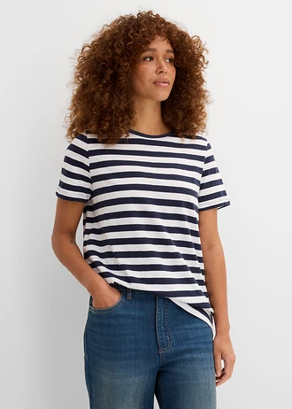 Lot de 2 T-shirts col rond en coton, Couleur: blanc/bleu foncé rayé