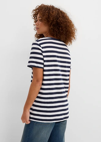 Lot de 2 T-shirts col rond en coton, Couleur: blanc/bleu foncé rayé