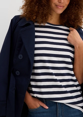 Lot de 2 T-shirts col rond en coton • blanc/bleu foncé rayé • Boutique bonprix