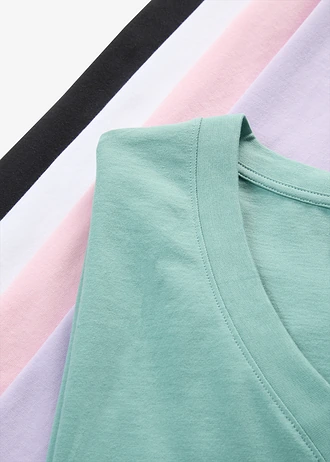 Wijd longshirt met V-hals, korte mouw  (set van 5) • lichtviolet+rooksalie+kristalroze+zwart+wit • bonprix online shop