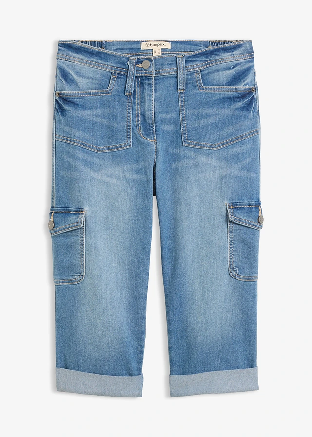 Stretch cargo jeans, mid waist • ijsblauw denim • bonprix online shop