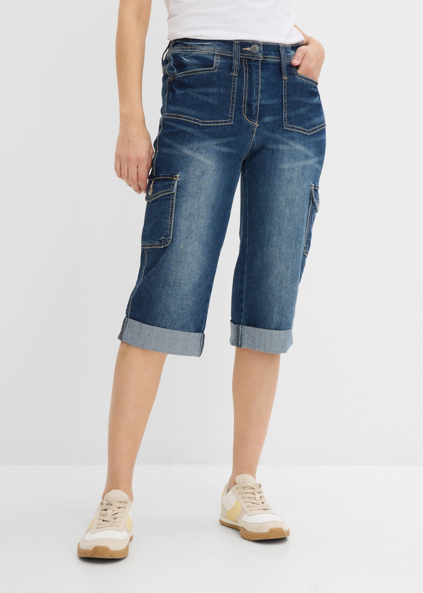 Stretch cargo jeans, mid waist • donkerblauw denim • bonprix online shop