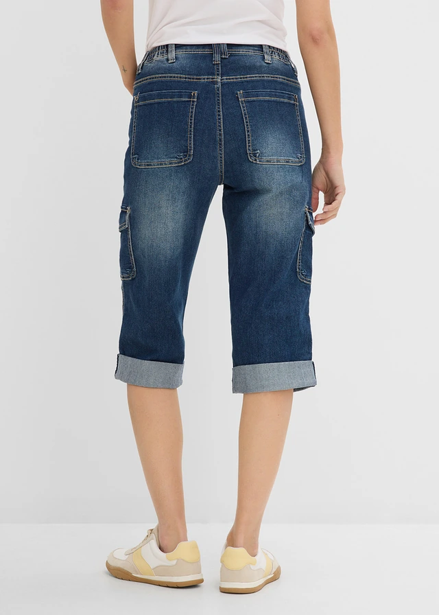 Stretch cargo jeans, mid waist, Kleur: donkerblauw denim
