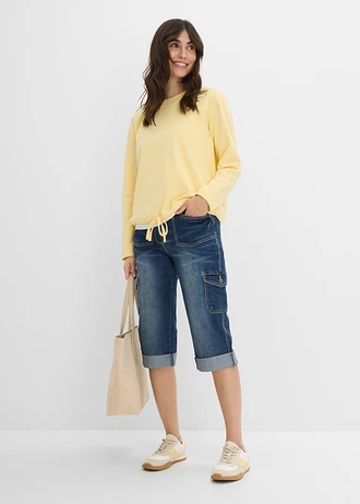 Jean cargo extensible, taille mi-haute, Couleur: bleu foncé denim