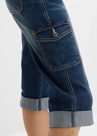Jeansy bojówki mid waist, ze stretchem • ciemnoniebieski denim • sklep bonprix