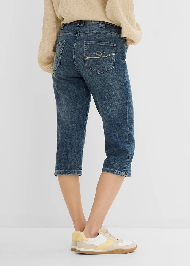 Mid waist stretch jeans, straight, Kleur: nachtblauw denim