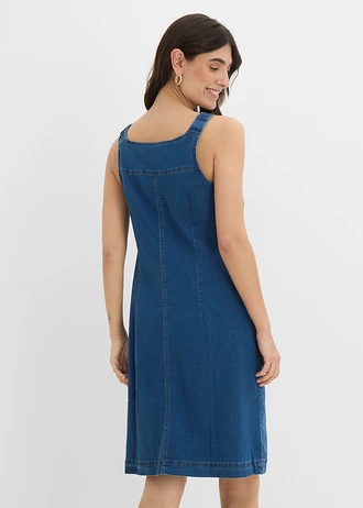 Robe en jean coton avec bretelles de salopette, longueur genou, Couleur: bleu denim