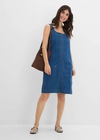 Robe en jean coton avec bretelles de salopette, longueur genou, Couleur: bleu denim
