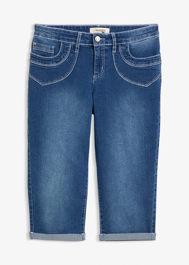 Blugi straight Mid Waist, cropped • albastru uzat • magazin bonprix