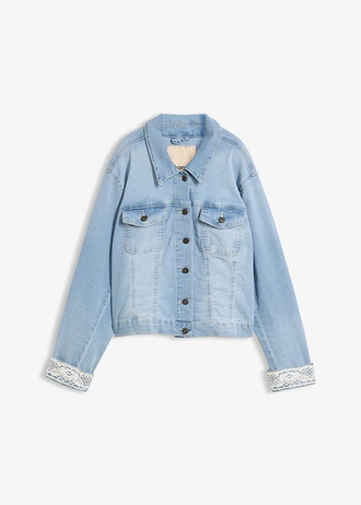 Veste en jean avec empiècement dentelle, Couleur: bleu clair denim