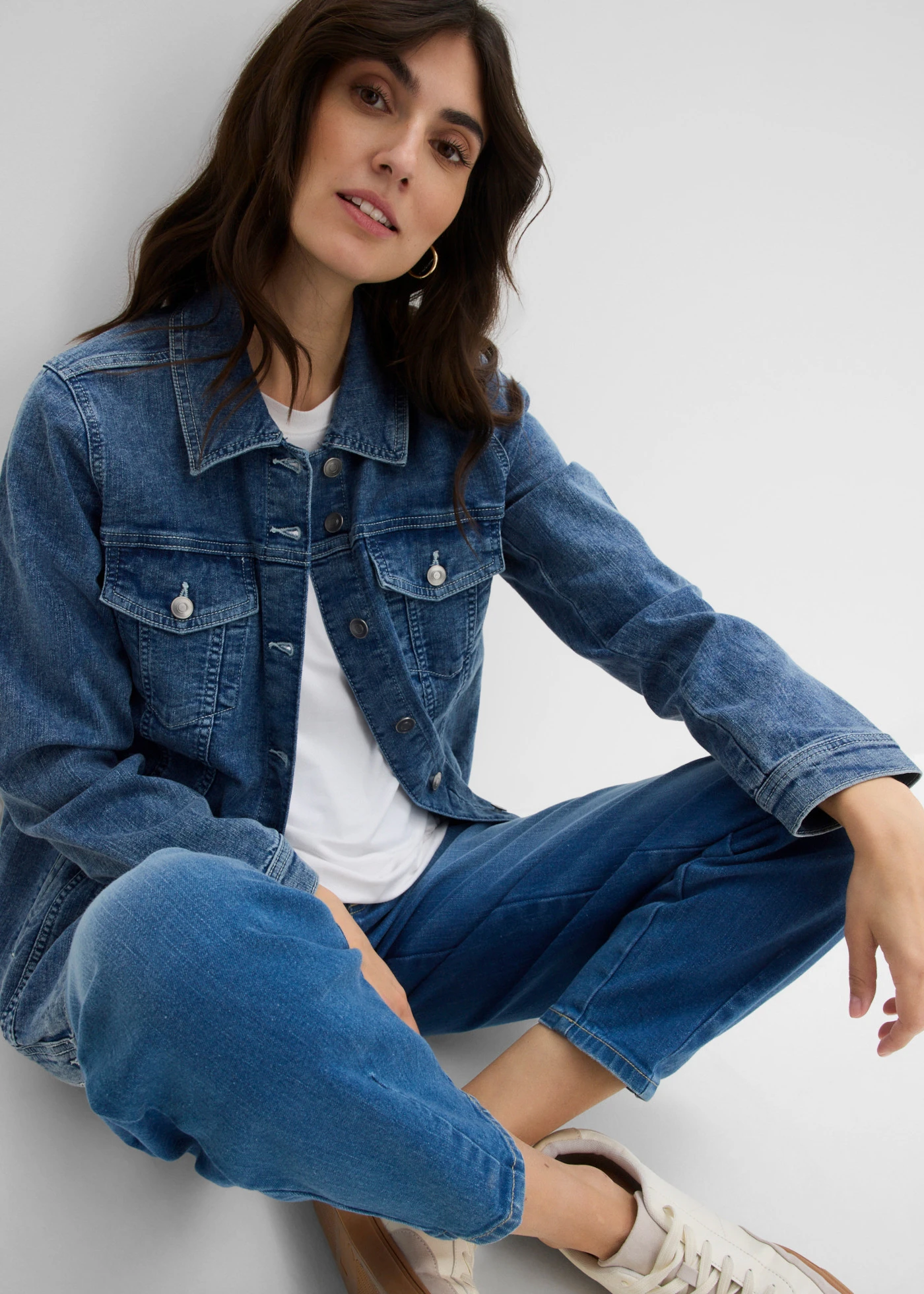 Veste en jean extensible, coupe boyfriend • bleu denim used • Boutique bonprix
