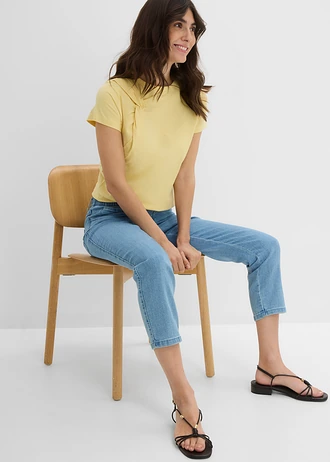 Spodnie Straight, mid waist, z wygodnym paskiem (2 pary) • biały + jasnoniebieski denim • sklep bonprix