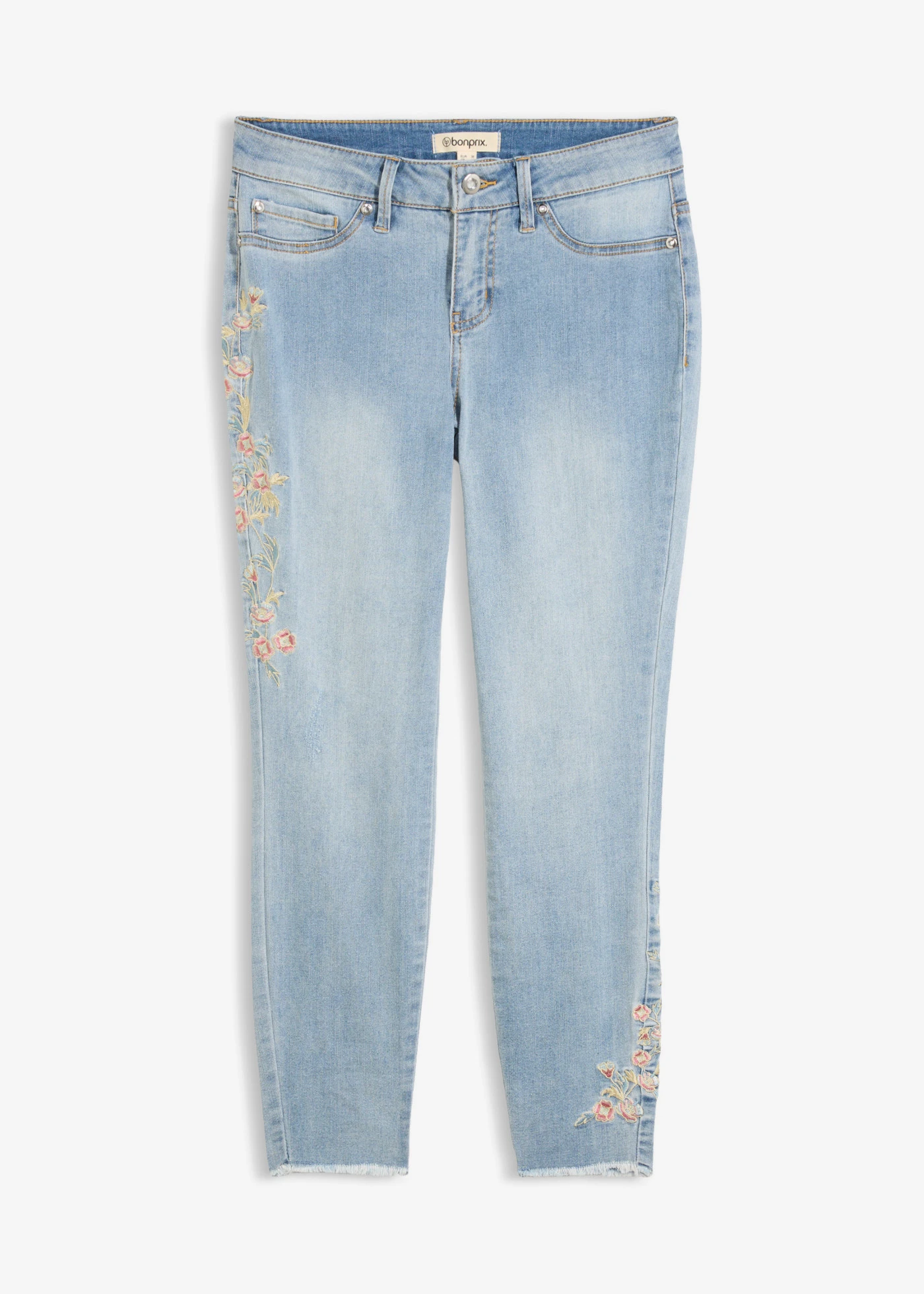 Jeansy skinny, średni stan, cropped • jasnoniebieski denim w kwiaty • sklep bonprix