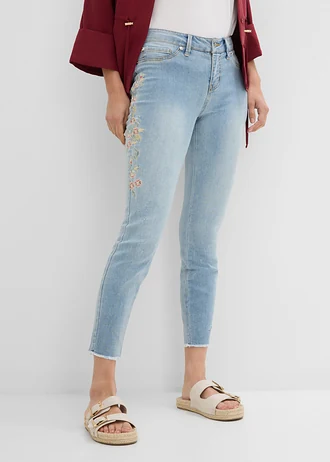 Blugi Skinny Mid Waist, cropped, culoare: bleu denim cu flori