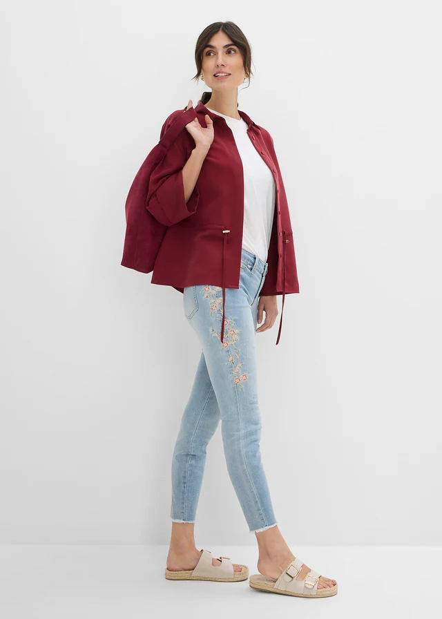 Skinny džíny Mid Waist, zkrácené světle modrý denim s květy