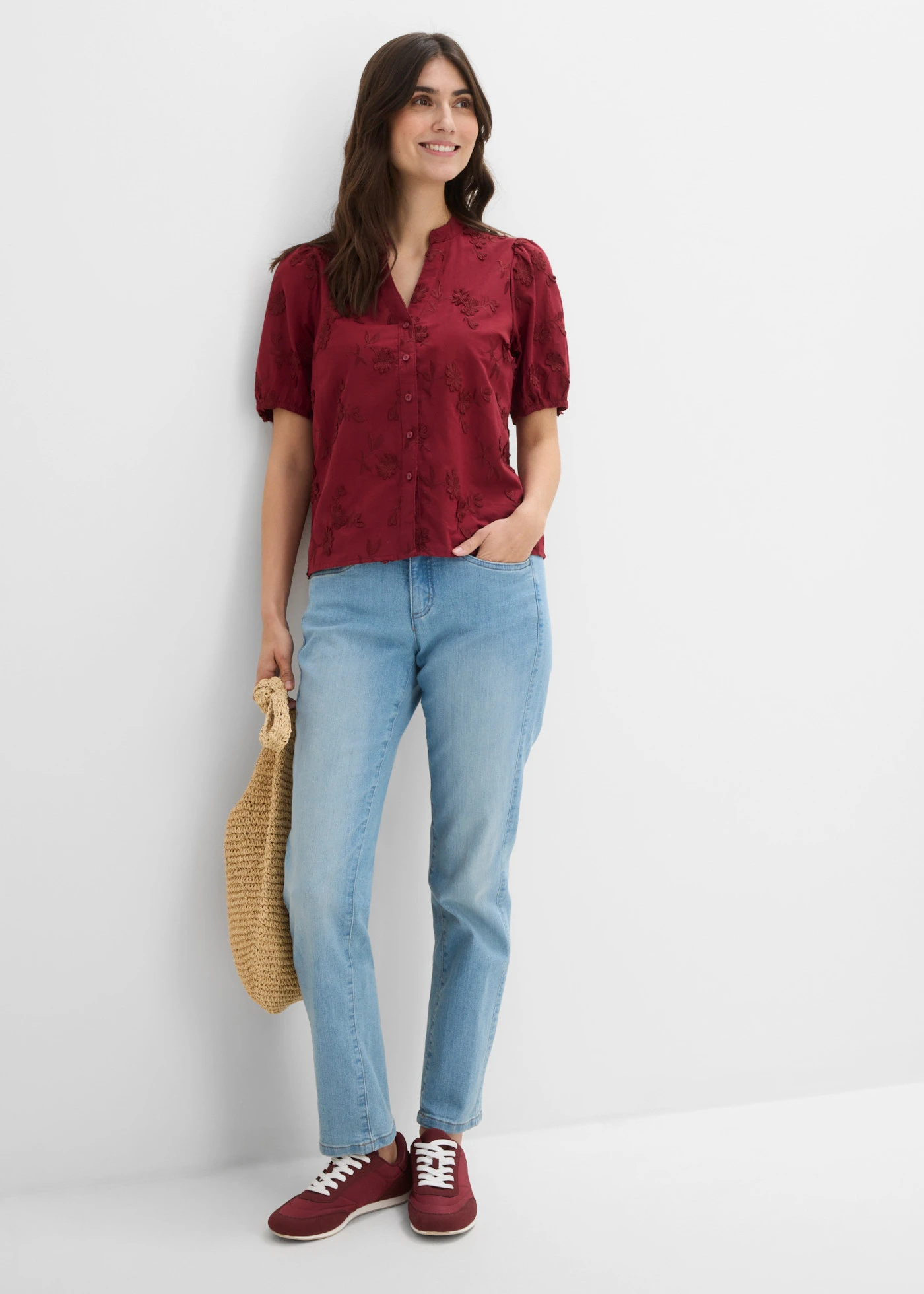 Straight sztreccsfarmer, Mid Waist • világoskék, használt hatású • bonprix áruház