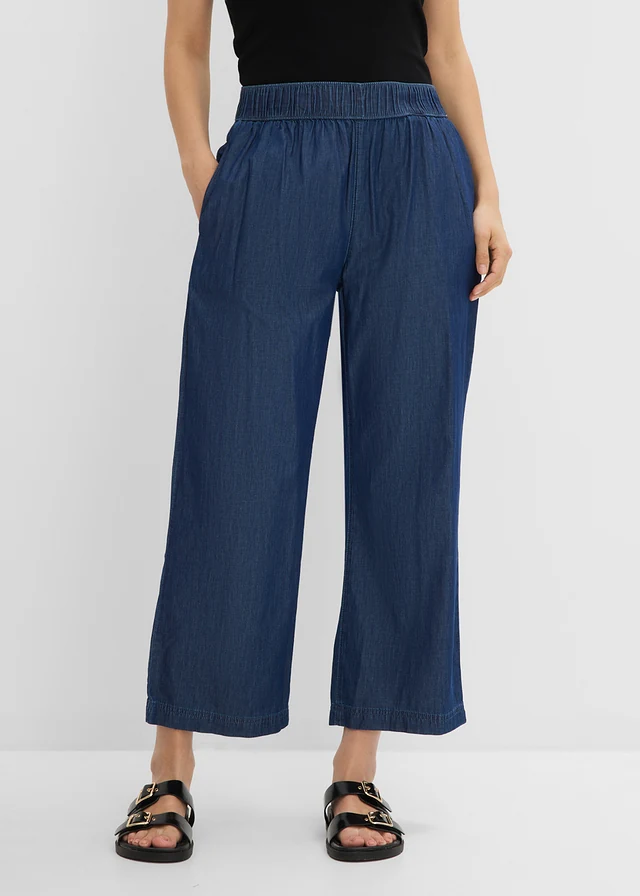 Jean large, taille haute, cropped, Couleur: bleu denim