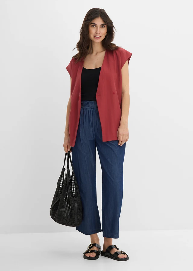 Jeansy wide leg, wysoki stan, krótsza nogawka niebieski denim