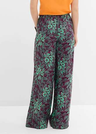 Palazzo broek van soepele viscose, Kleur: bessen-saliegroen gebloemd