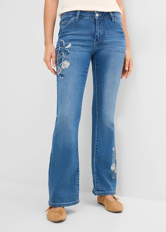 Flared jeans met bloemenborduursel, Kleur: blue stone gebloemd