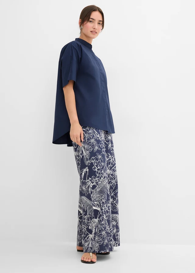 Pantaloni Marlene din bumbac 100% • bleumarin/ecru cu imprimeu • magazin bonprix