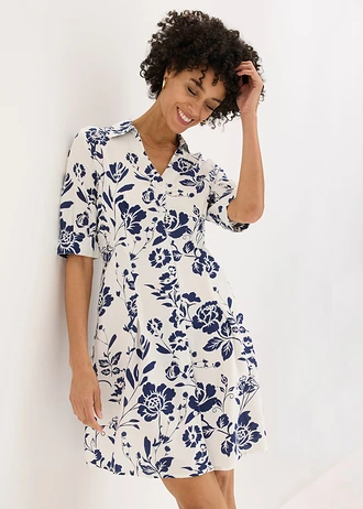 Robe-chemise en viscose fluide • écru/bleu nuit floral • Boutique bonprix