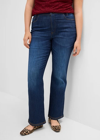 Jean Bootcut, taille haute et élastiquée, Couleur: bleu foncé denim