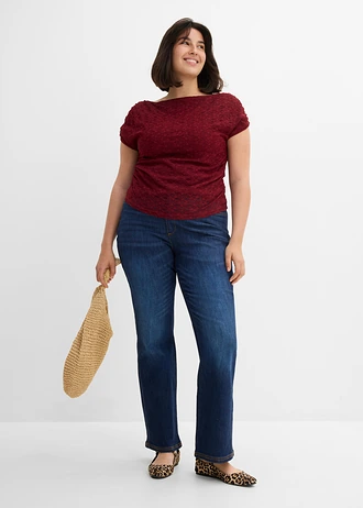 Jean Bootcut, taille haute et élastiquée, Couleur: bleu foncé denim