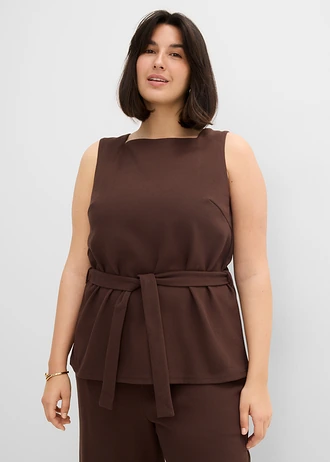 Top en piqué avec ceinture à nouer • marron foncé plus size • Boutique bonprix