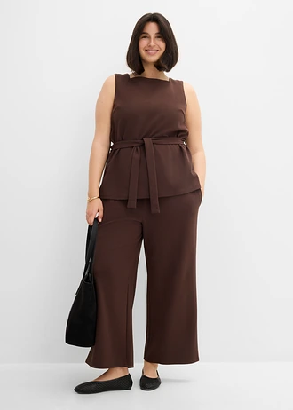 Top en piqué avec ceinture à nouer, Couleur: marron foncé