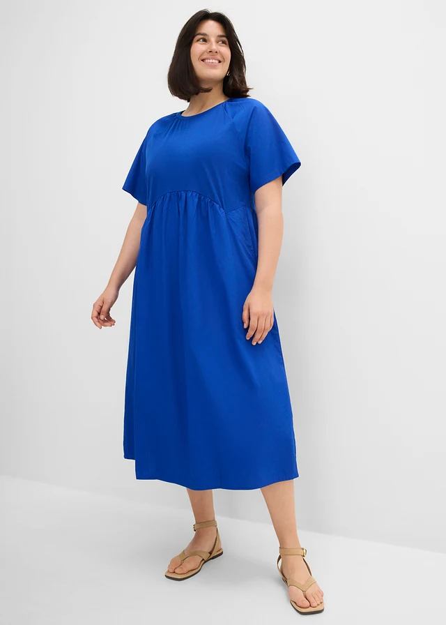 Midi jurk van een mix van puur katoen, Kleur: kobaltblauw