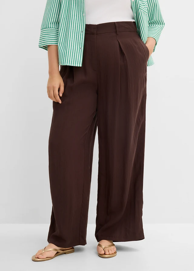 Zomerse bandplooibroek van een viscosemix, Kleur: donkerbruin